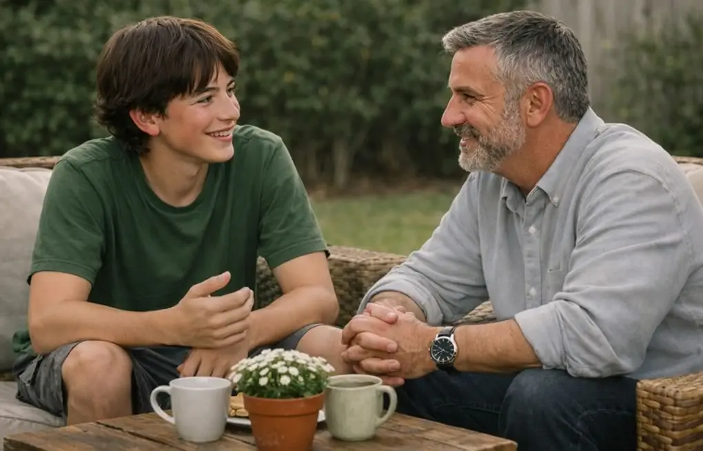 Dos personas sentadas en un jardín, hablando con tranquilidad y proximidad física
