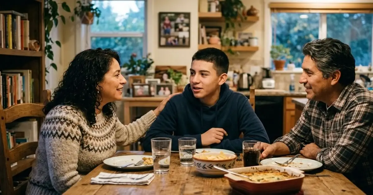 Padre e hijo sentados juntos en un banco al aire libre, en conversación tranquila
